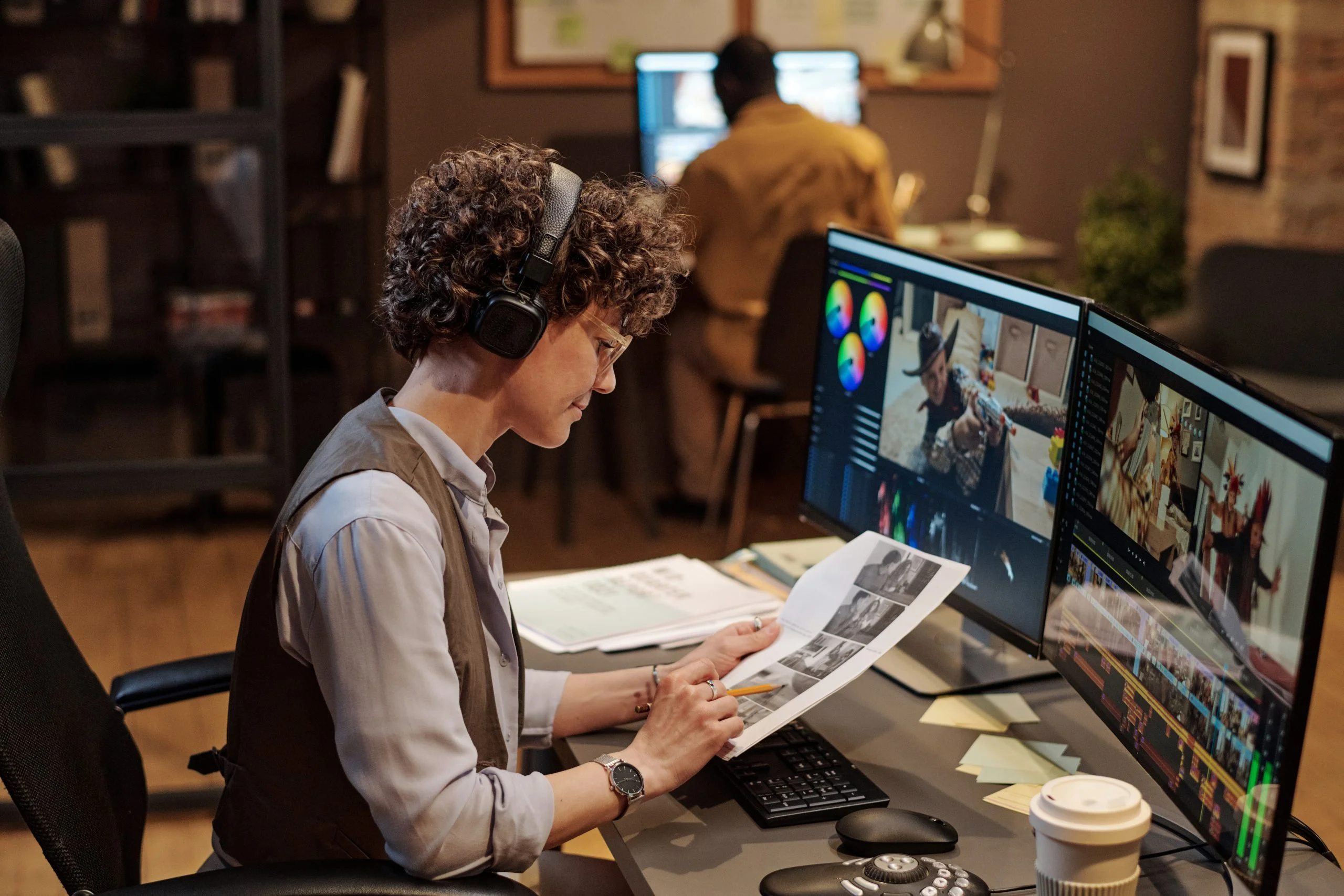 Editor de video remoto trabajando en postproducción